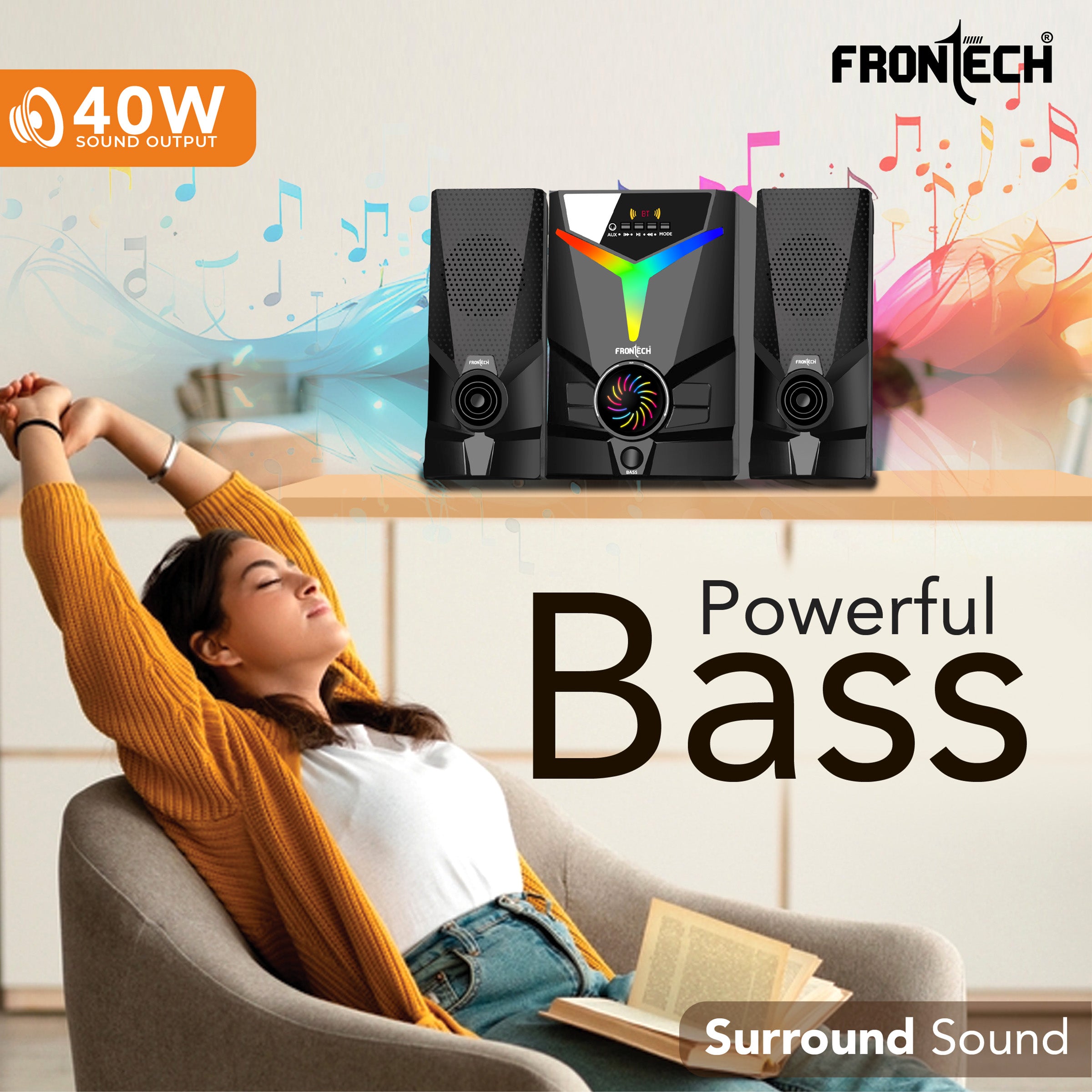 FRONTECH 40W Bluetooth 5.0 Multimedia Speaker| Powerful Bass | 2.1 Channel | Surround Sound System | USB | AUX | FM Radio | Wireless Remote Control for Home & Office (SW-0144) FRONTECH 40W Bluetooth 5.0 Multimedia Speaker| Powerful Bass | 2.1 Channel | Surround Sound System | USB | AUX | FM Radio | Wireless Remote Control for Home & Office (SW-0144)